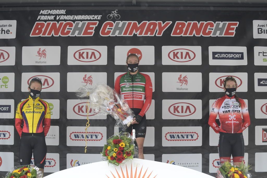 Dutch Loes Adegeest Belgian Sara Van De Vel and Dutch Nicole Steigenga celebrate on the podium of the women&#039;s Binche-Chimay-Binche