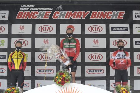 Dutch Loes Adegeest Belgian Sara Van De Vel and Dutch Nicole Steigenga celebrate on the podium of the women's Binche-Chimay-Binche