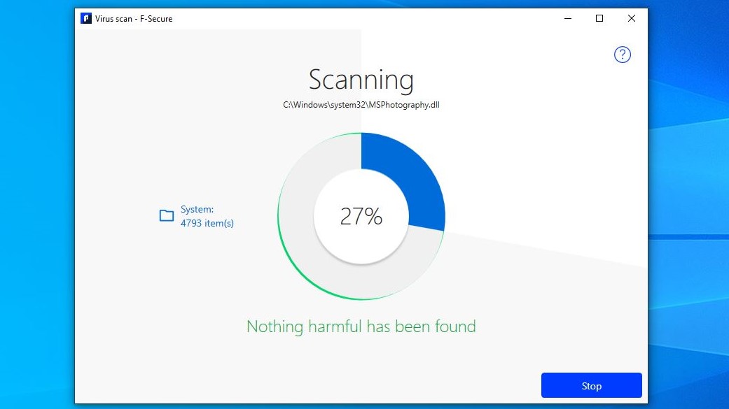 Screenshot of F-Secure virus scan in action captured during testing
