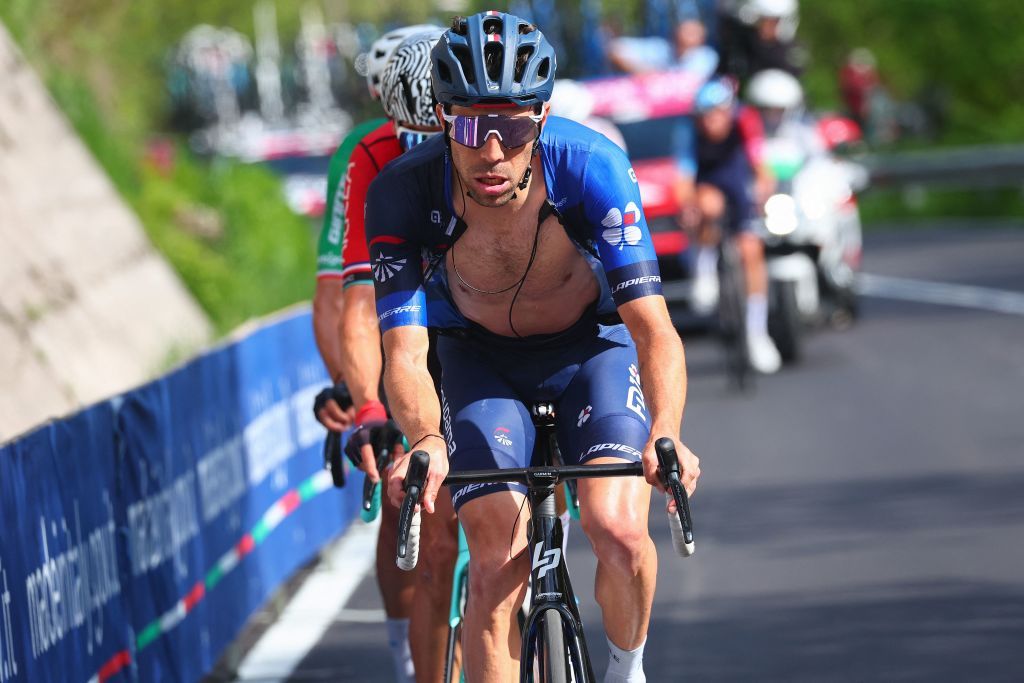 Groupama FDJs French rider Thibaut Pinot leads the breakaway during the eighteenth stage of the Giro dItalia 2023 cycling race 161 km between Oderzo and Val di Zoldo on May 25 2023 Photo by Luca Bettini AFP Photo by LUCA BETTINIAFP via Getty Images