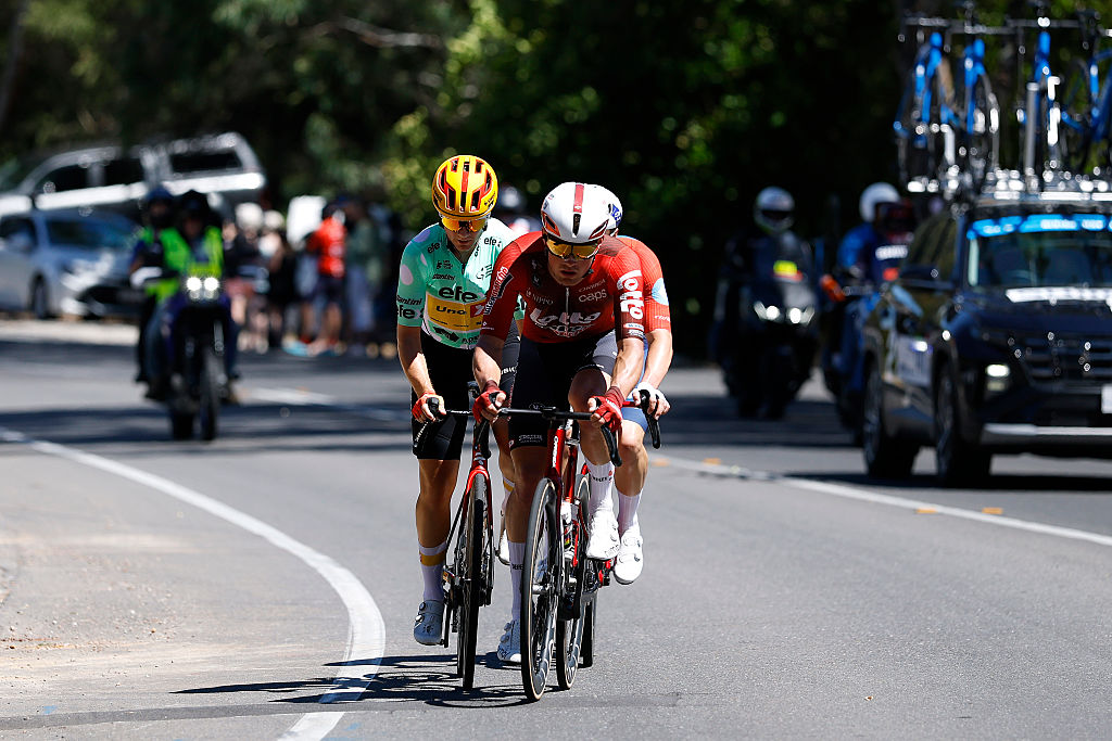 NAIRNE, AUSTRALIA - JANUARY 23: Baptiste Veistroffer of France and Team Lotto Intermarche, Enzo Paleni of France and Team Groupama - FDJ United and Martin Urianstad Bugge of Norway and Team Uno-X Mobility - Polka Dot Mountain Jersey attack during the 26th Santos Tour Down Under 2026, Stage 3 a 140.8km stage from Henley Beach to Nairne / #UCIWT / on January 23, 2026 in Nairne, Australia. (Photo by Con Chronis/Getty Images)
