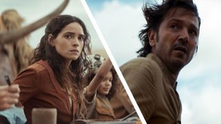 A collage of Bix Caleen sitting down and Cassian Andor looking behind him in Andor season 2