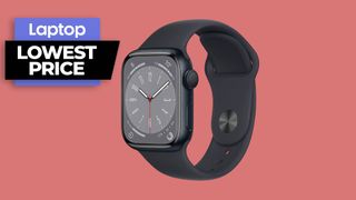 Apple Watch Series 8 with lowest price text against red background