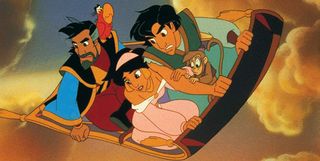 Aladdin, Jasmine, Abu, Iago and Cassim in Aladdin: King of Thieves