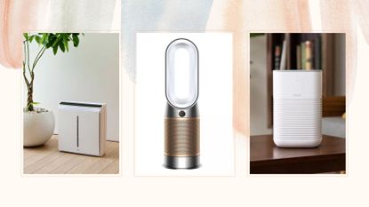 a collage image showing three of the best air purifiers in w&h's expert guide, including a model from Rabbit Air, Levoit and Dyson