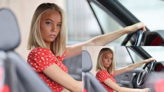 Modelo femenina en coche clásico 400% aumentada junto al original para escala