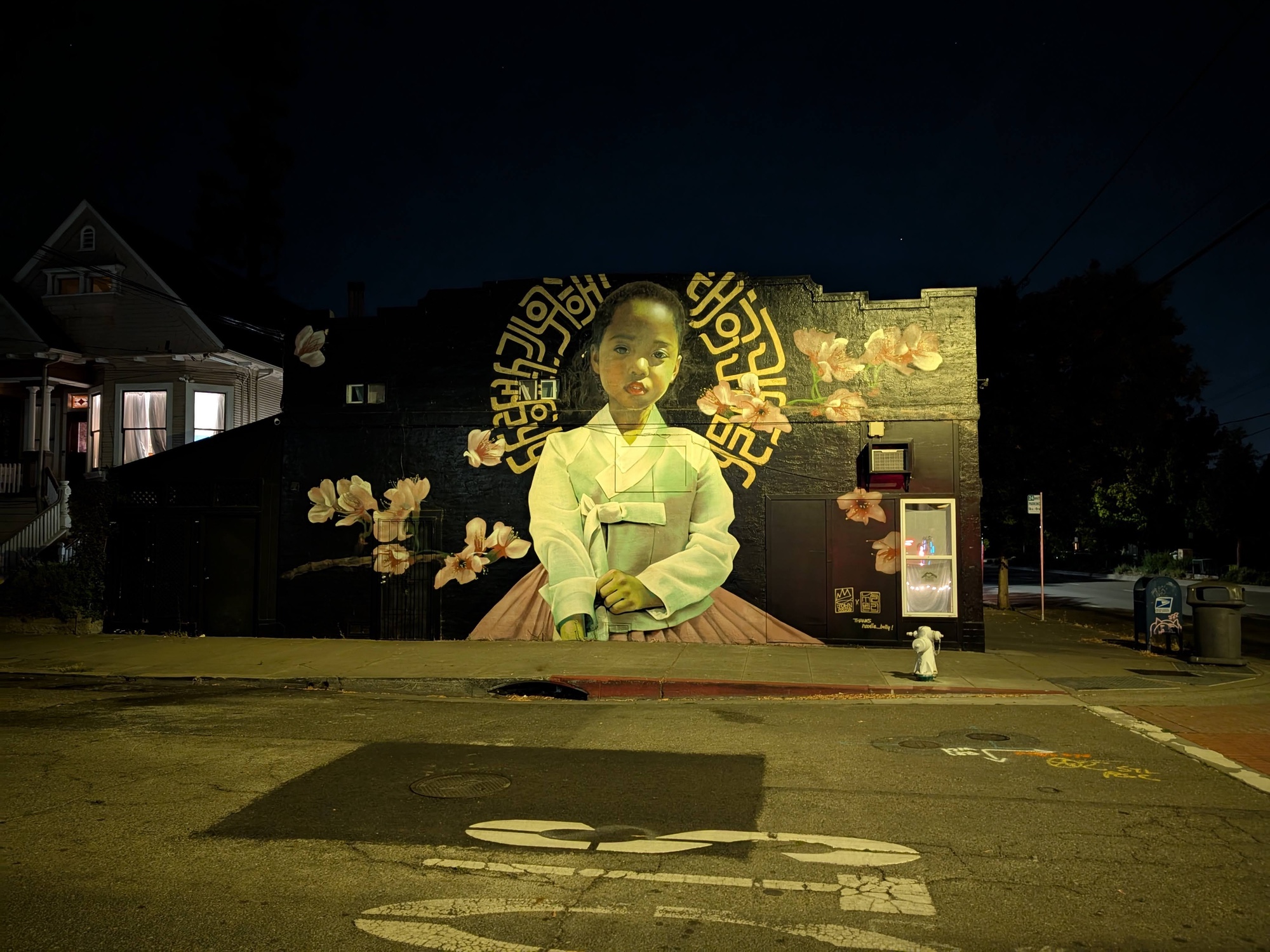 mural of young girl photographed at night by Pixel 9 pro