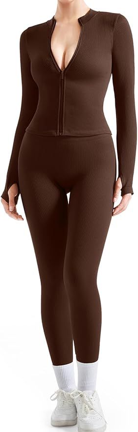 SUUKSESS, Suuksess Women 2 Piece Seamless Ribbed Workout Sets Tracksuit With Zip Up Jacket High Waisted Gym Yoga Leggings (brown,m)