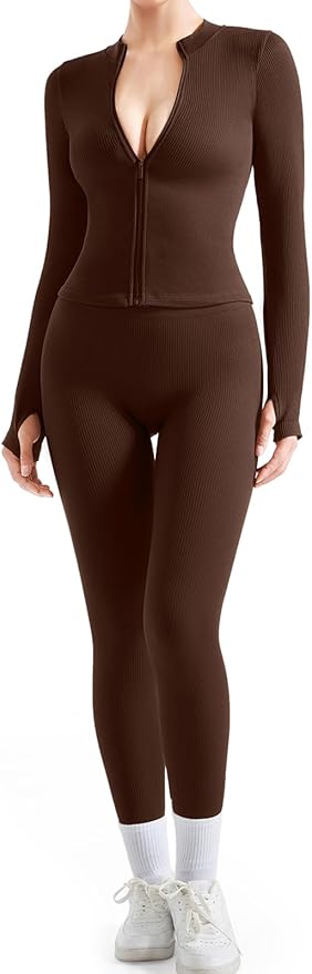 SUUKSESS, Suuksess Women 2 Piece Seamless Ribbed Workout Sets Tracksuit With Zip Up Jacket High Waisted Gym Yoga Leggings (brown,m)