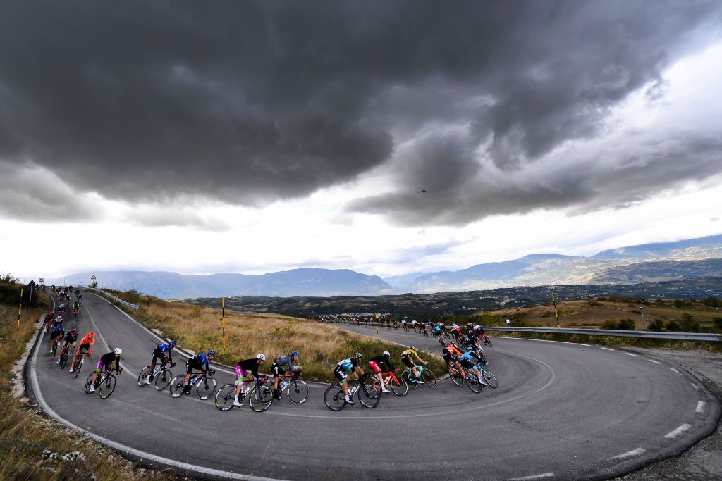 ROCCARASO ITALY OCTOBER 11 Amanuel Ghebreigzabhier Werkilul of Eritrea and NTT Pro Cycling Team Victor Campenaerts of Belgium and NTT Pro Cycling Team Giovanni Carboni of Italy and Team Bardiani CSF Faizane Matteo Sobrero of Italy and NTT Pro Cycling Team Peter Sagan of Slovakia and Team Bora Hansgrohe Scafa 104m Peloton Landscape Mountains during the 103rd Giro dItalia 2020 Stage 9 a 207km stage from San Salvo to Roccaraso Aremogna 1658m girodiitalia Giro on October 11 2020 in Roccaraso Italy Photo by Tim de WaeleGetty Images