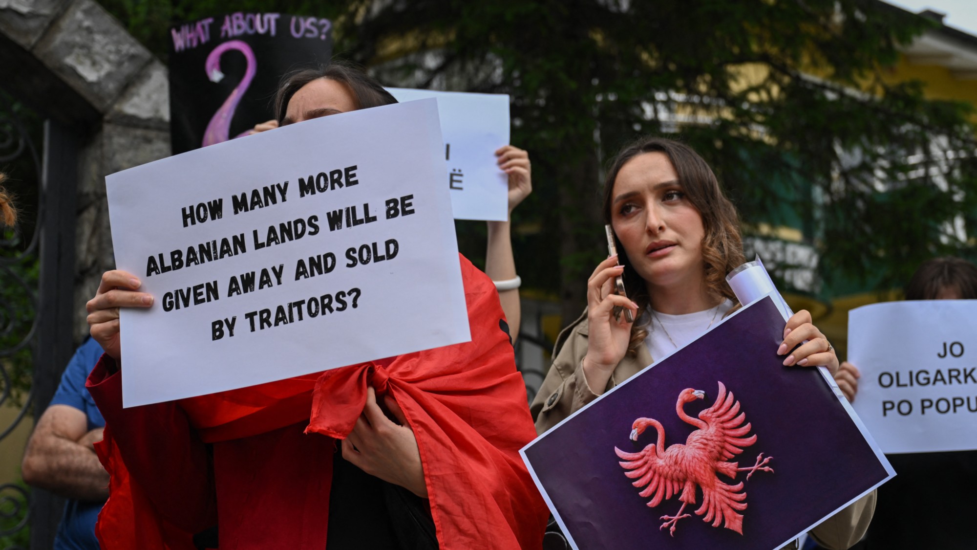 A protester holds a poster replacing the national coat of arms with a double-headed eagle with flamingo heads