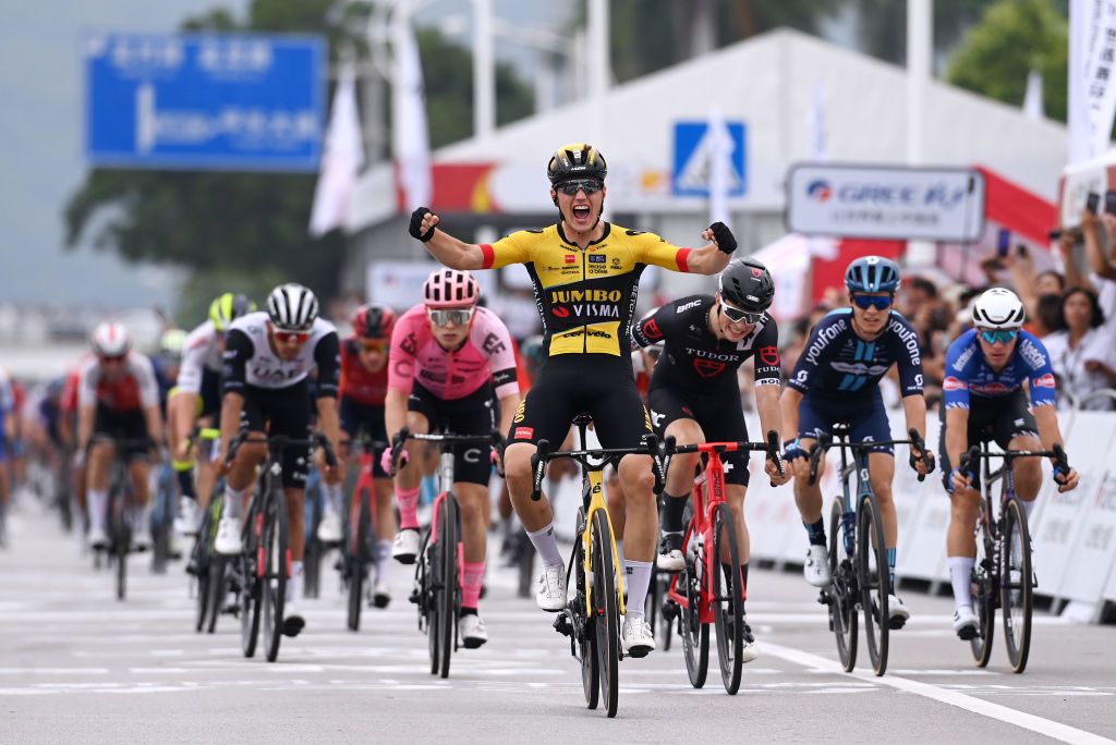 NANNING CHINA OCTOBER 14 LR Olav Kooij of The Netherlands and Team JumboVisma celebrates at finish line as stage winner ahead of Rick Pluimers of The Netherlands and Tudor Pro Cycling Team during the 4th GreeTour of Guangxi 2023 Stage 3 a 1343km stage from Nanning to Nanning UCIWT on October 14 2023 in Nanning China Photo by Tim de WaeleGetty Images