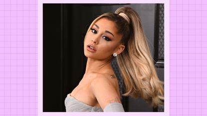 Ariana Grande pictured in a grey tulle dress during the 62nd Annual GRAMMY Awards at STAPLES Center on January 26, 2020 in Los Angeles, California/ in a purple template