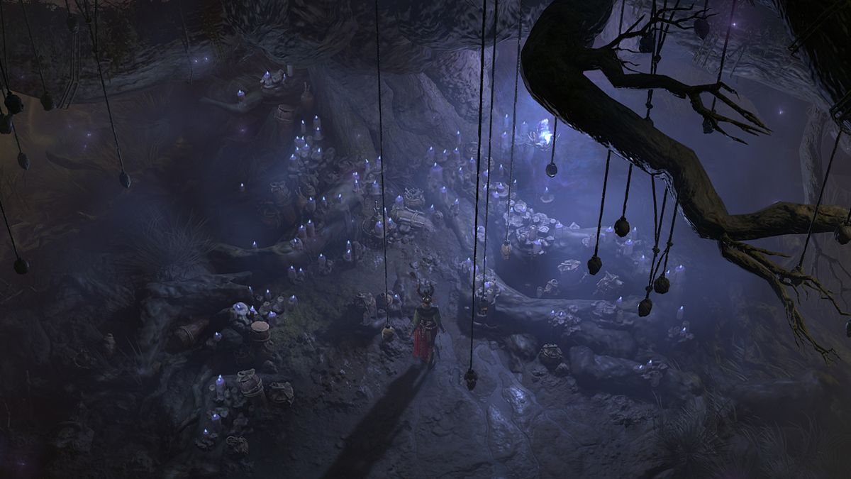 Diablo 4 whispers of the dead - a sorcerer is standing in front of the Tree of Whispers, with heads hanging from ropes all around