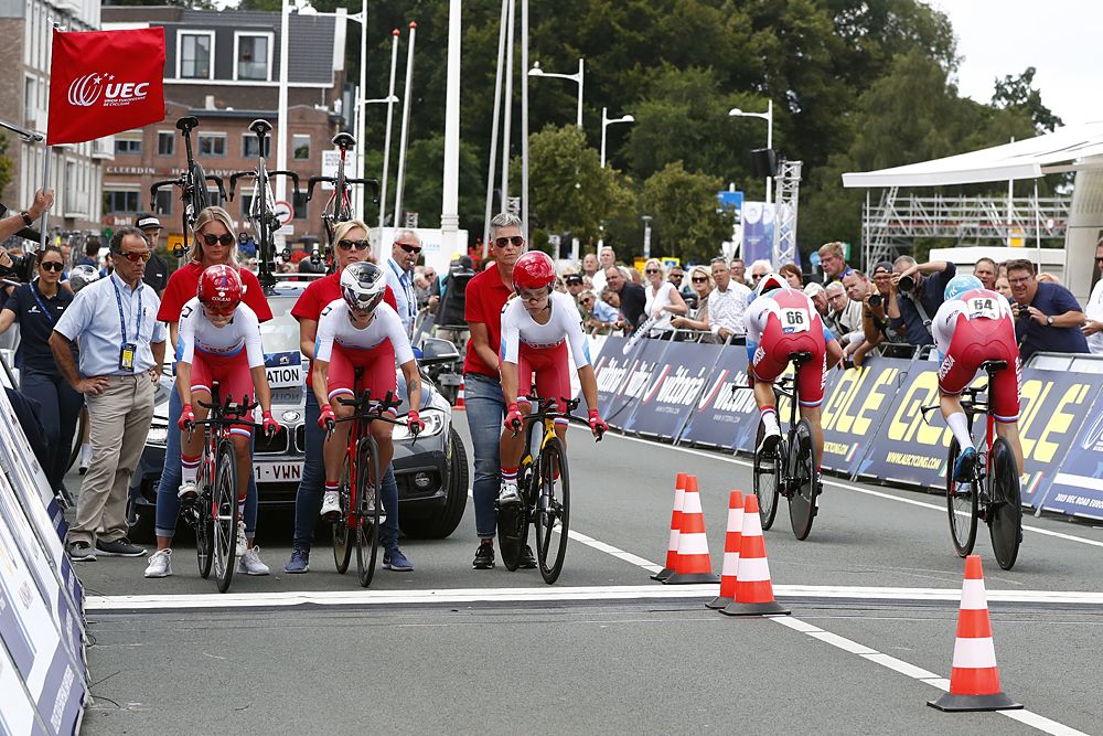 Vladislav Duiunov of Russia / Vladislav Kulikov of Russia / Anton Vorobyev of Russia / Elizaveta Oshurkova of Russia / Anastasiia Pliaskina of Russia / Margarita Syradoeva of Russia / during the 25th UEC Road European Championships 2019 - Mix Relay