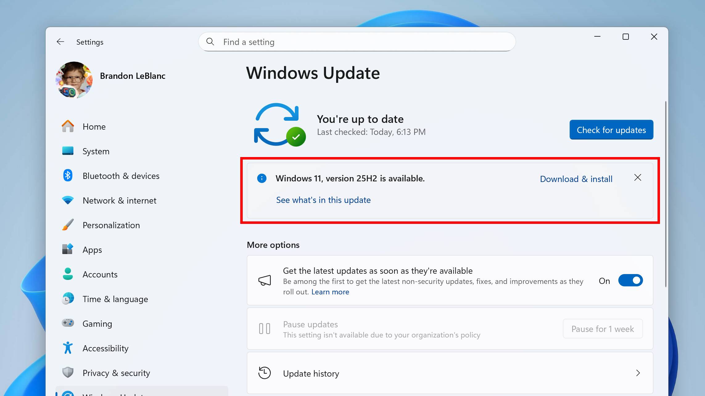 Windows 11 25H2 update screenshot