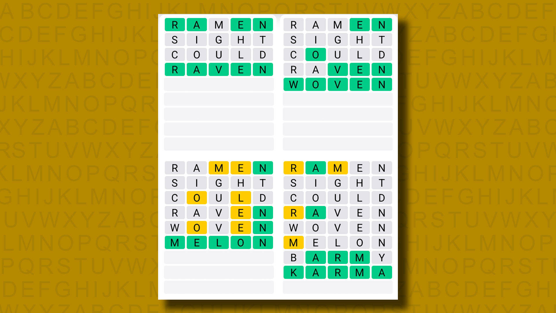 Quordle answers for game 1318 on a yellow background