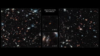 left and right panels show many galaxies; a central panel offers a detailed view of two galaxies