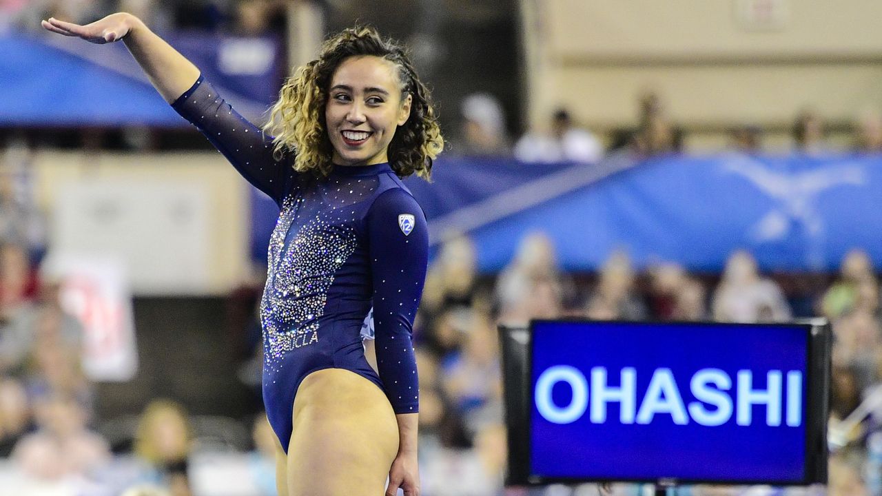 fort worth, tx april 20 katelyn ohashi 711 of the ucla bruins performs a floor routine during the division i womens gymnastics championship held at the fort worth convention center arena on april 20, 2019 in fort worth, texas photo by timothy nwachukwuncaa photos via getty images