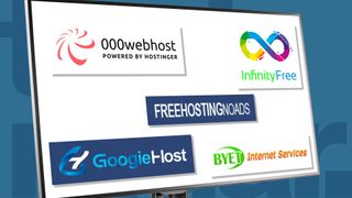 Free website hosting providers Infinityfree, Byethost, 000Webhost, Googiehost, and FreeHostingNoAds logo on desktop screen