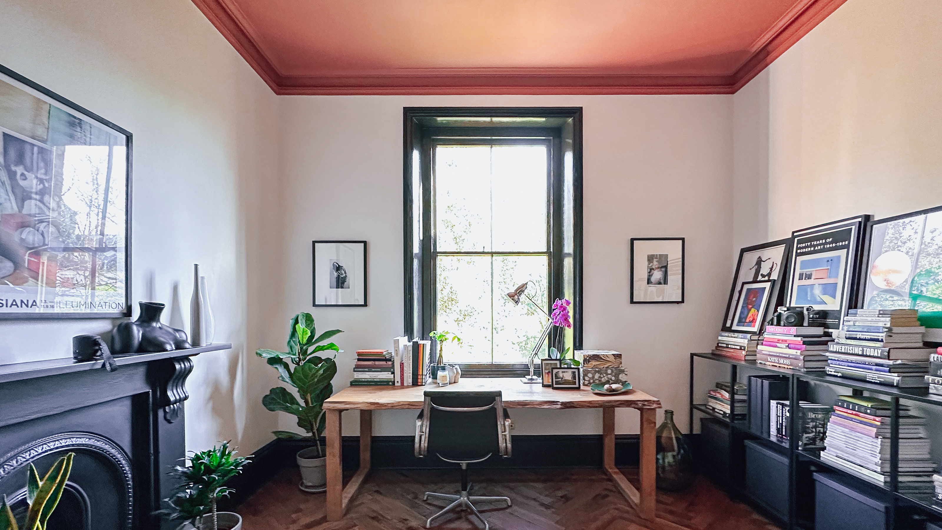 home office with terracotta ceiling