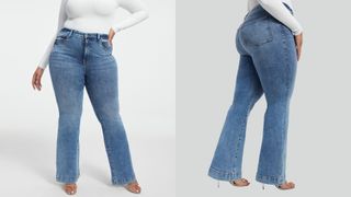 composite of model wearing Good American Good Legs Flare Jeans in light blue