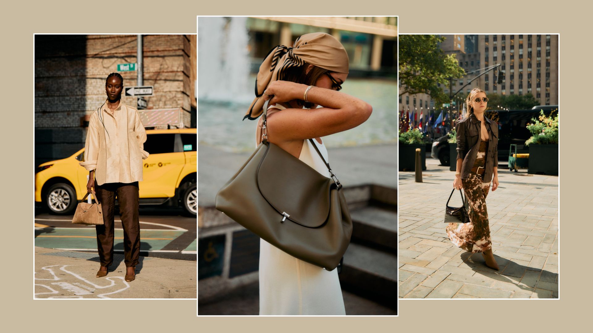 Three women in New York carry Toteme bags