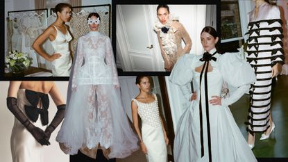 A collage of images featuring wedding dress trends.