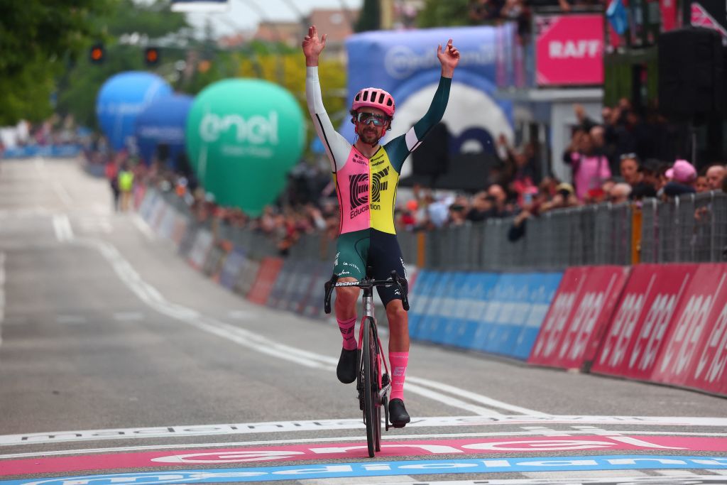 EF EducationEasyPosts Irish rider Ben Healy celebrates as he crosses the finish line to win the eighth stage of the Giro dItalia 2023 cycling race 207 km between Terni and Fossombrone on May 13 2023 Photo by Luca Bettini AFP Photo by LUCA BETTINIAFP via Getty Images