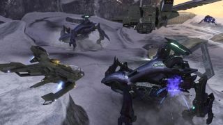 Still from the sci-fi video game Halo. Two UNSC aircraft are fighting against two enemy land vehicles. The landscape is covered in snow.