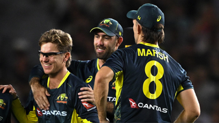 Adam Zampa of Australia celebrates the wicket of Adam Milne of the New Zealand Black Caps during the game two of Men's T20 International series ahead of Australia vs Oman