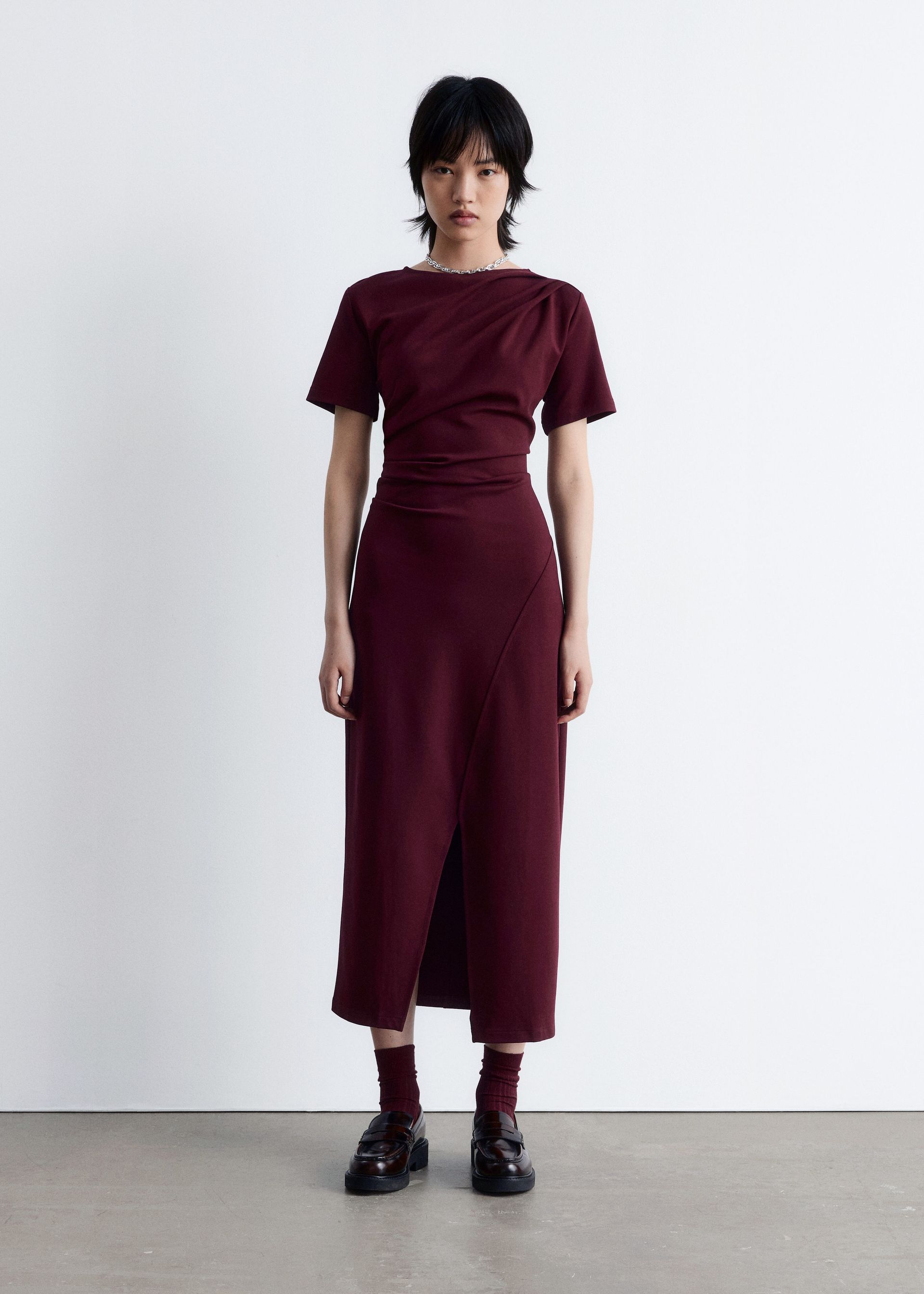 Draped Short-Sleeve Midi Dress