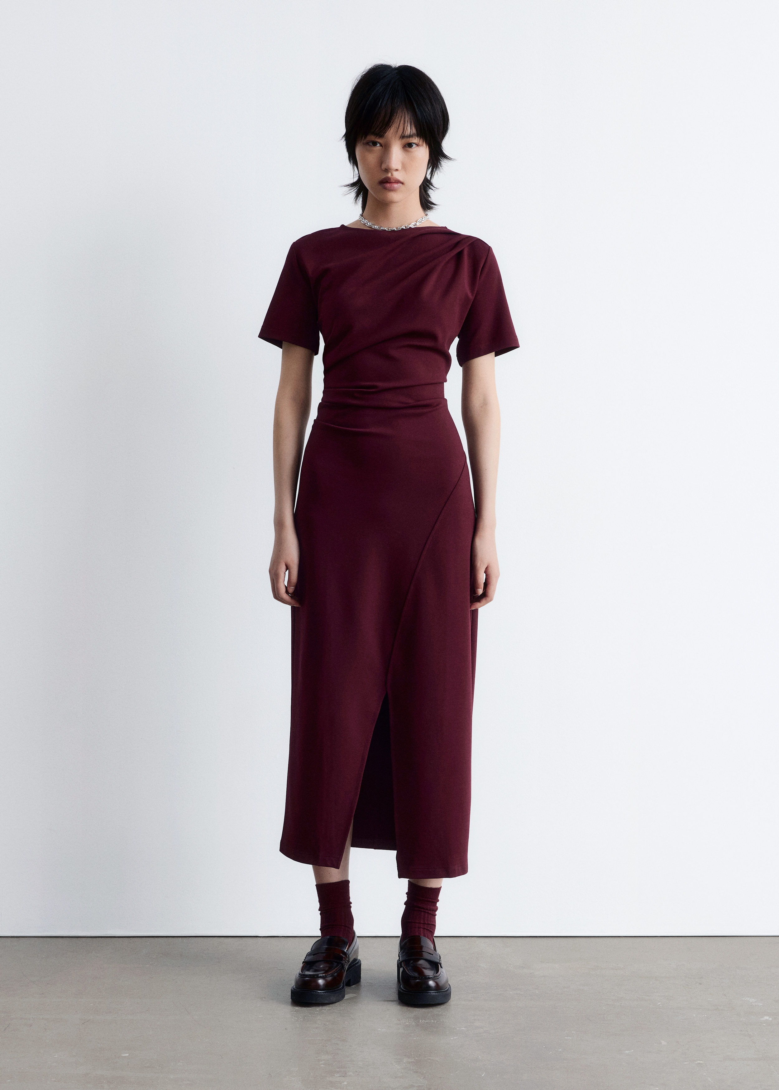 Draped Short-Sleeve Midi Dress