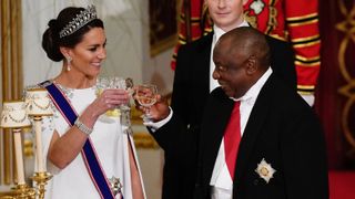 Catherine, Princess of Wales and President Cyril Ramaphosa of South Africa share a toast during the State Banquet at Buckingham Palace during the State Visit to the UK by President Cyril Ramaphosa of South Africa on November 22, 2022 in London, England.