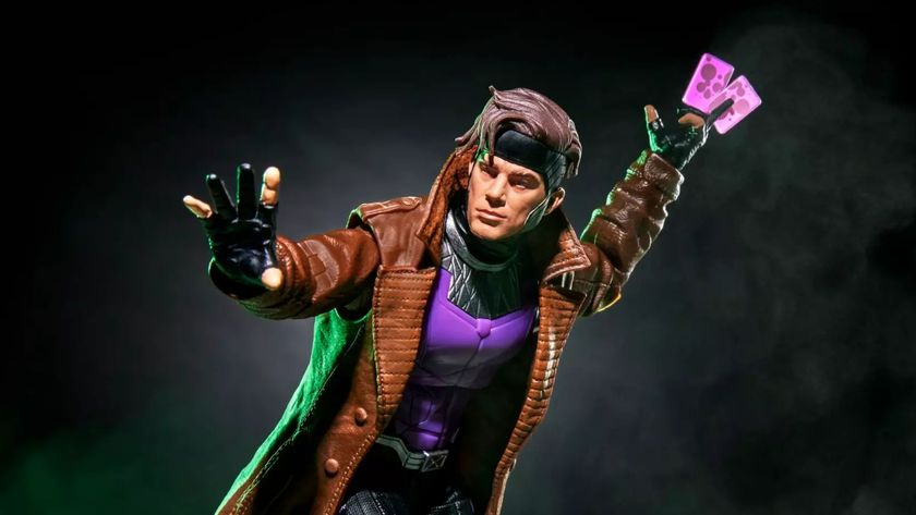 Marvel Legends Gambit Avengers: Doomsday action figure holding out a hand while readying glowing purple cards between its fingers
