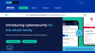 Allstate identity theft protection website, offering protection for the whole family with a demonstration video.