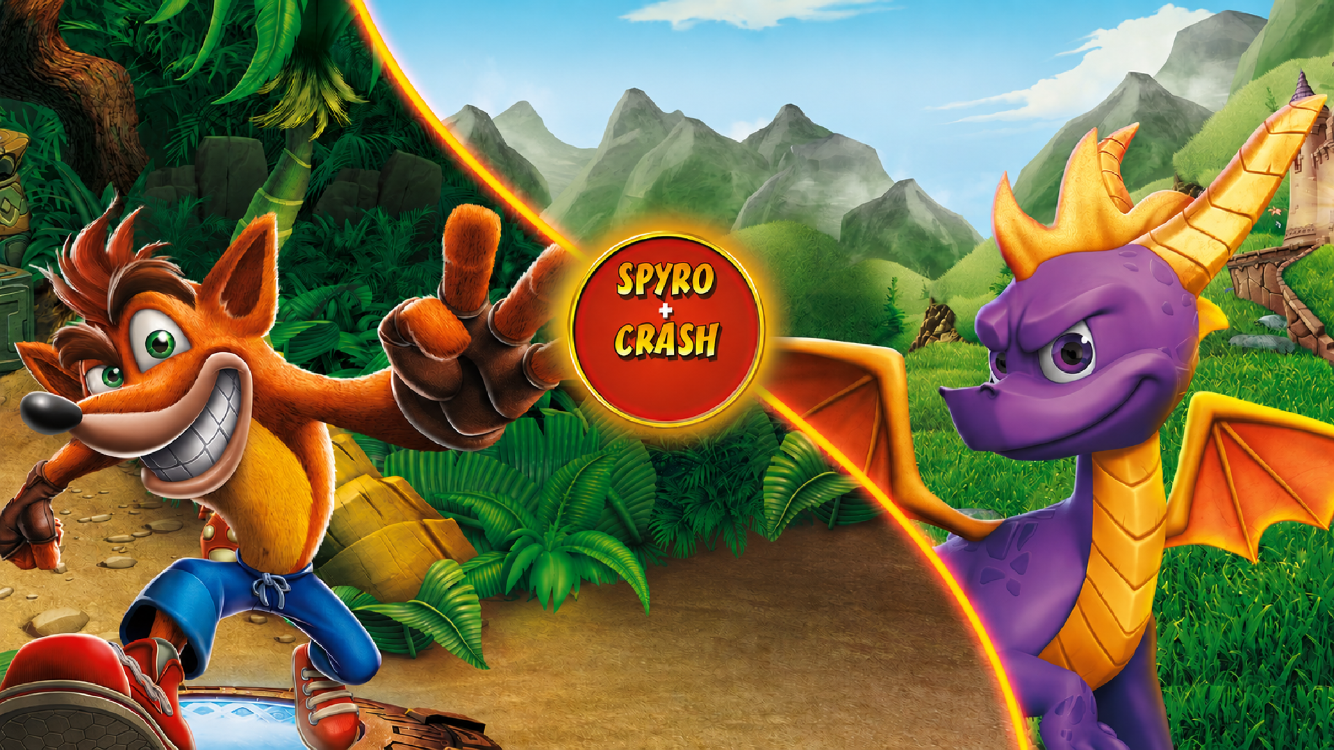 Crash Bandicoot and Spyro face off in a split jungle and fantasy landscape crossover image with the Spyro + Crash logo centered.