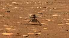 NASA's Mars Helicopter Ingenuity is seen by the Perseverance rover after unlocking its rotor blades on April 7, 2021.