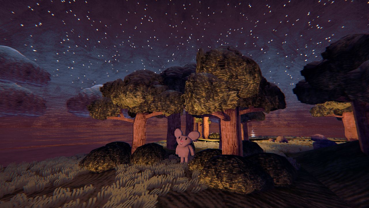 A teddy bear-like character stands in a forest in game art made in Blender to look like papercraft