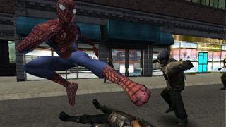 Spider-Man kicking a bad guy