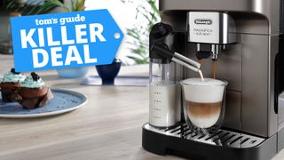 De'Longhi Magnifica Evo Next making coffee on top of a kitchen counter