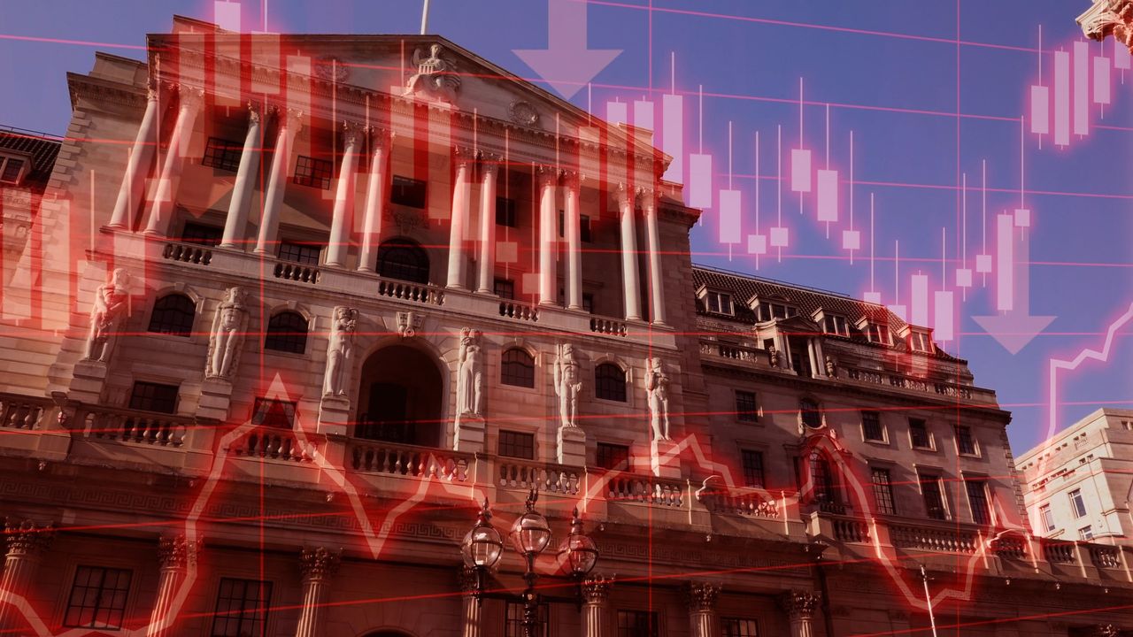 Graph showing economic downturn with image of Bank of England in background