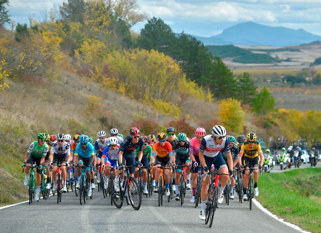 The pack rides during the 2nd stage of the 2020 La Vuelta cycling tour of Spain a 1516 km race from Pamplona to Lekunberri on October 21 2020 Photo by ANDER GILLENEA AFP Photo by ANDER GILLENEAAFP via Getty Images