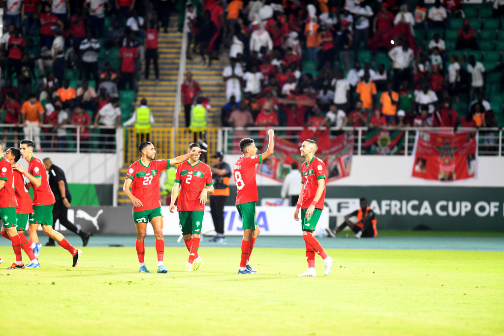 Morocco AFCON 2023 squad: Players of Morocco celebrate after scoring a goal during the Africa Cup of Nations (CAN) 2024 Group F football match between Morocco and Tanzania at Stade Laurent Pokou in San Pedro, Ivory Coast on January 17, 2024. (Photo by Stringer/Anadolu via Getty Images)