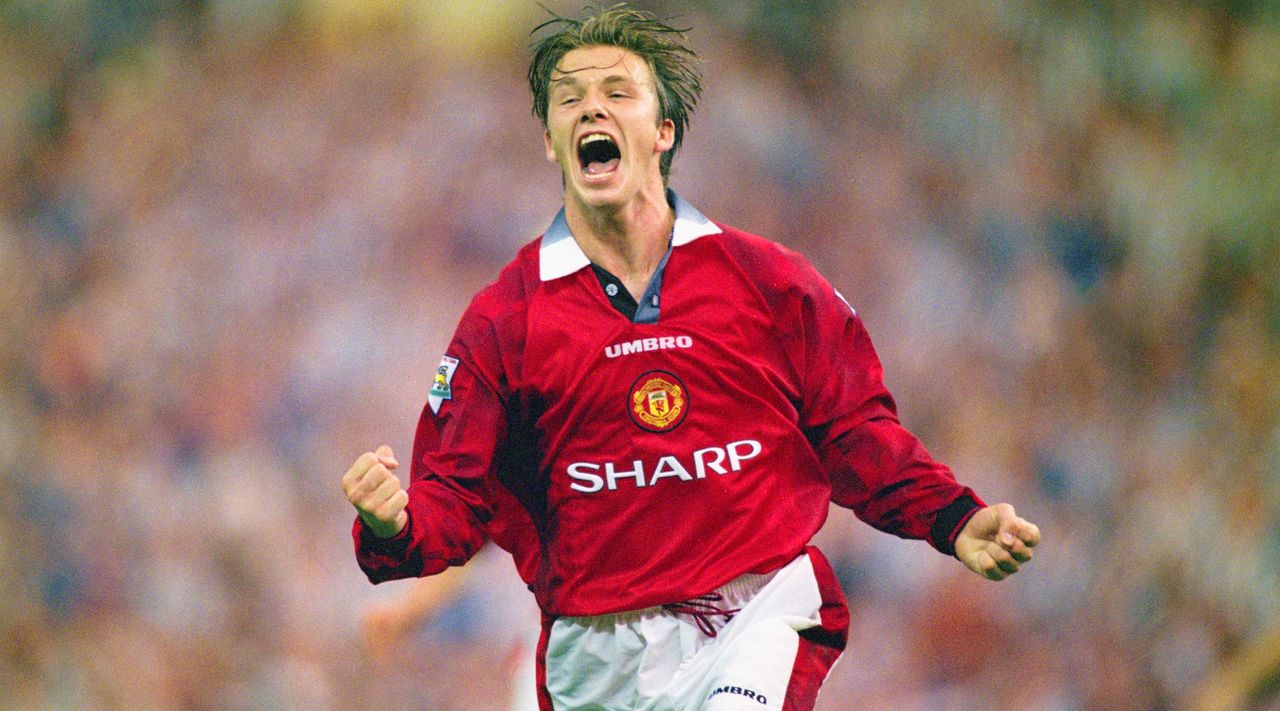 LONDON, UNITED KINGDOM - AUGUST 11: David Beckham of Manchester United celebrates after scoring the third goal in the 1996 FA Charity Shield between Manchester United and Newcastle United at Wembley Stadium on August 11, 1996 in London, England. (Photo by Shaun Botterill/Allsport/Getty Images)