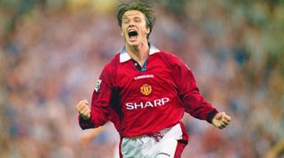 LONDON, UNITED KINGDOM - AUGUST 11: David Beckham of Manchester United celebrates after scoring the third goal in the 1996 FA Charity Shield between Manchester United and Newcastle United at Wembley Stadium on August 11, 1996 in London, England. (Photo by Shaun Botterill/Allsport/Getty Images)