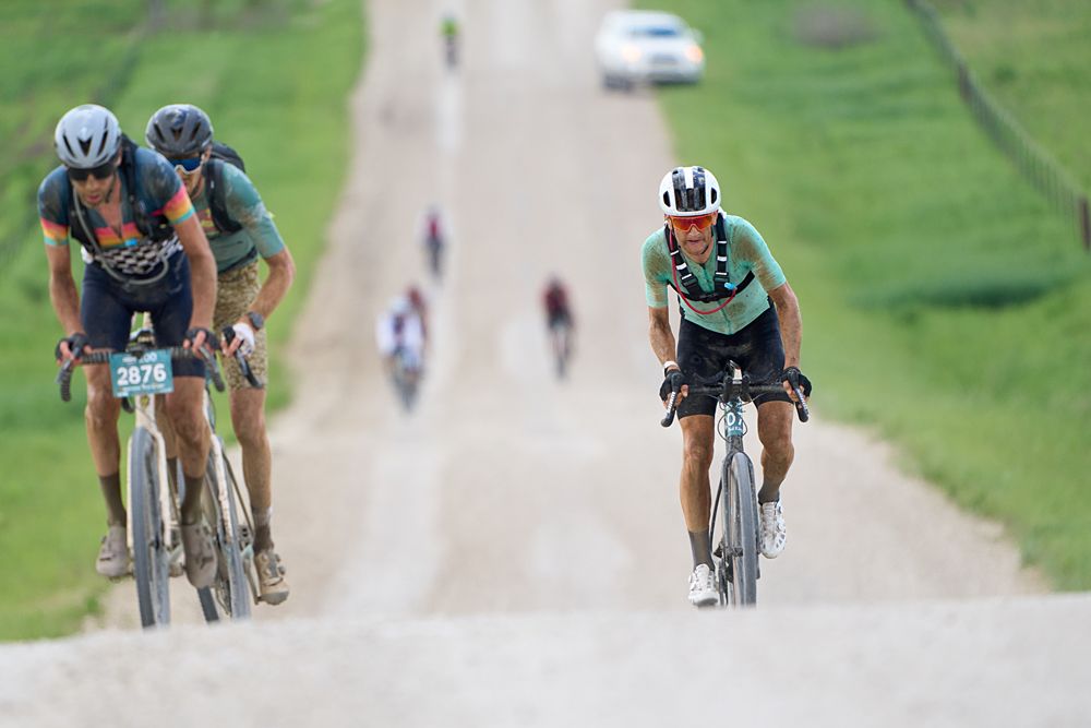 The front group of five at Unbound Gravel 200 - Ian Boswell, Laurens ten Dam, Peter Stetina, Ted King and Colin Strickland