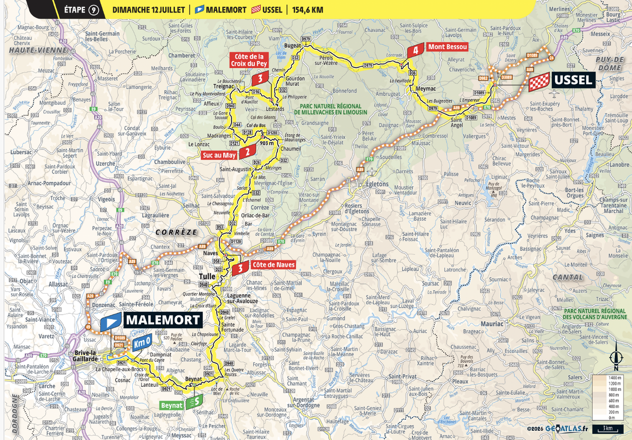 Tour de France 2026 stage 9 shortened route map