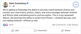 Mark Zuckerberg WhatsApp announcement screenshot on Facebook