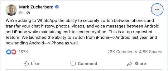 Facebook'ta Mark Zuckerberg WhatsApp duyurusu ekran görüntüsü